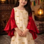 فستان بناتي رمضاني بتطريز ذهبي وأكمام ساتان