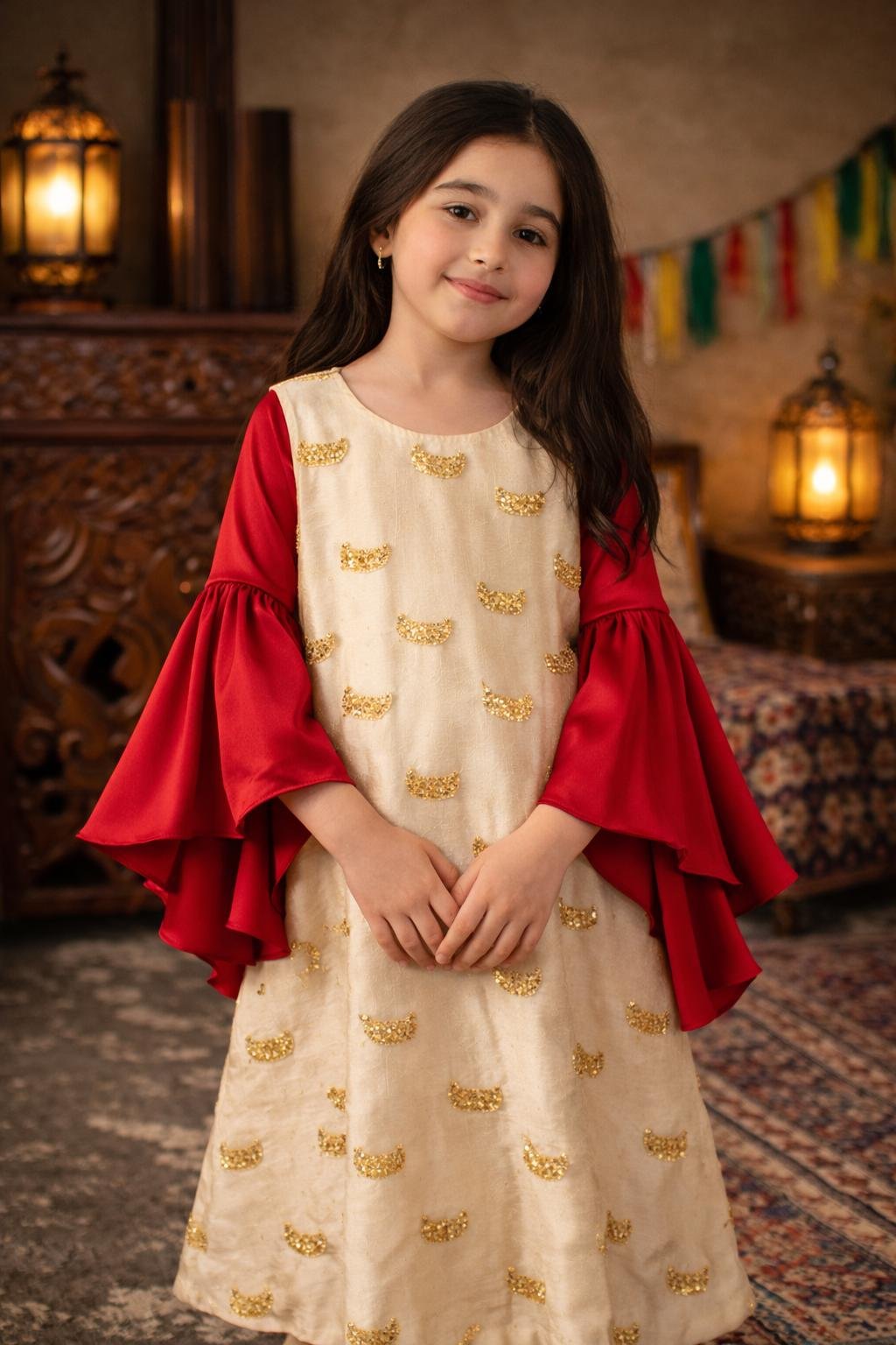 WhatsApp Image 2026-02-10 at 18.46.12 فستان بناتي رمضاني بتطريز ذهبي وأكمام ساتان - الصورة 1